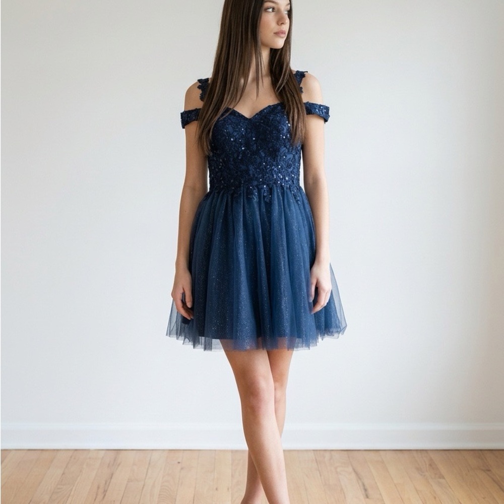 Elegant Navy Blue Off-Shoulder Dress